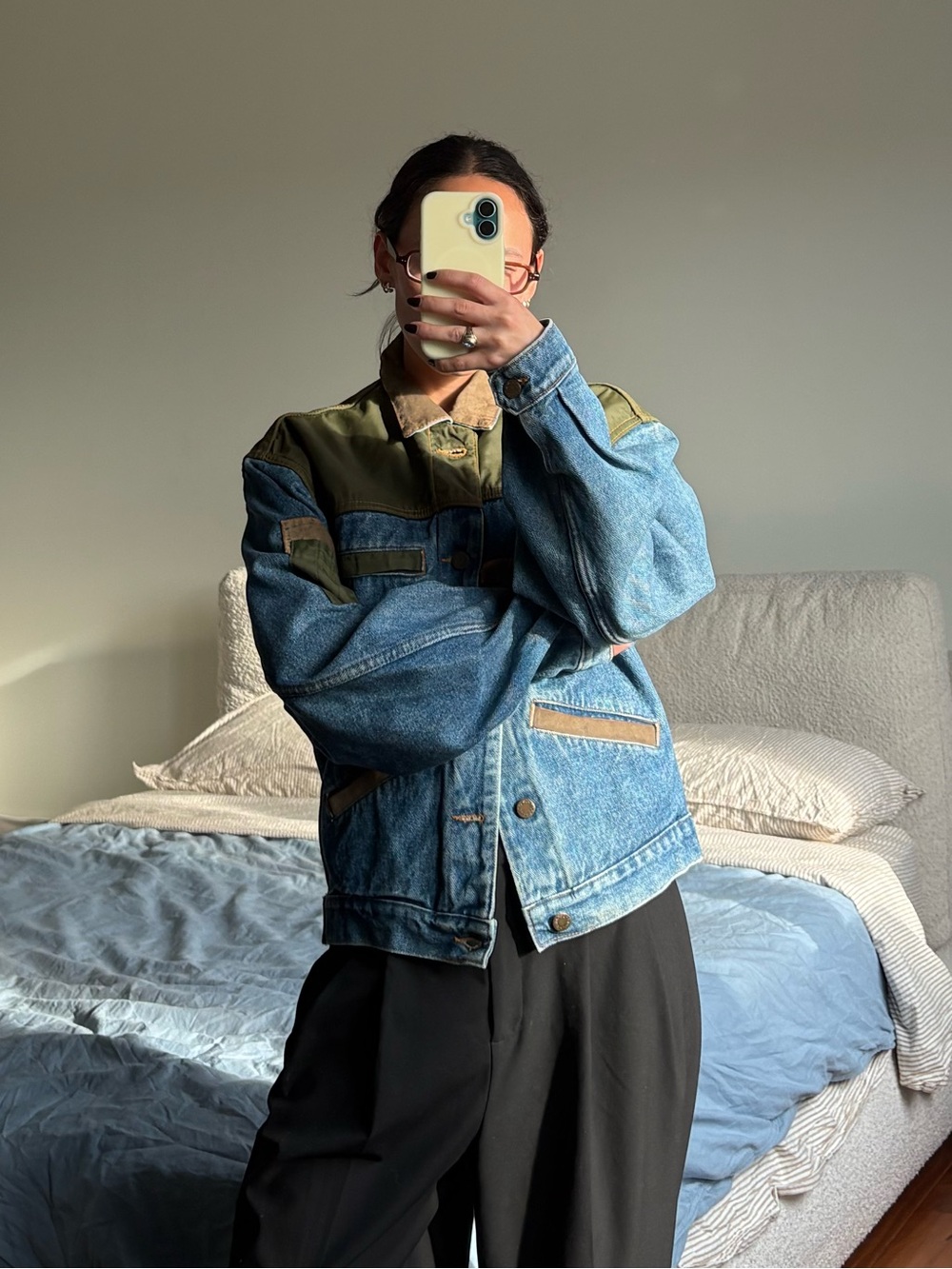 Vintage Patchwork Suede-Collar Denim Jacket